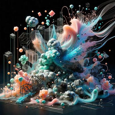 The primary subject of the image is a digital artwork featuring a colorful, abstract design. The setting is a dark background, which contrasts with the vibrant colors of the artwork. The visual style is a combination of digital art and illustration, creating a unique and eye-catching piece. The dominant colors are blue, pink, and orange, giving the artwork a lively and energetic atmosphere.